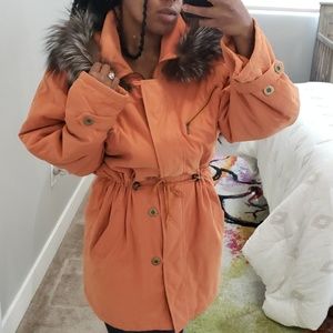 Givy Orange fall winter Coat with Fur Hood